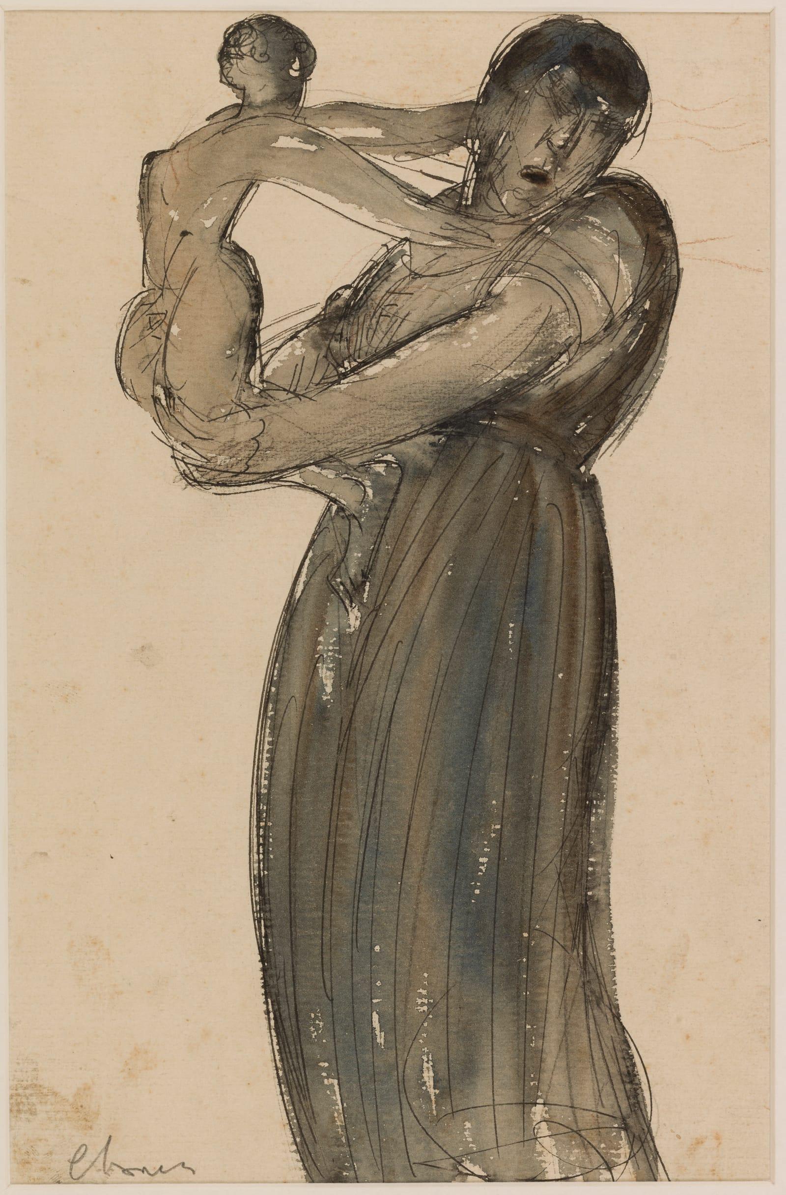 Femme et enfant, encre sur papier